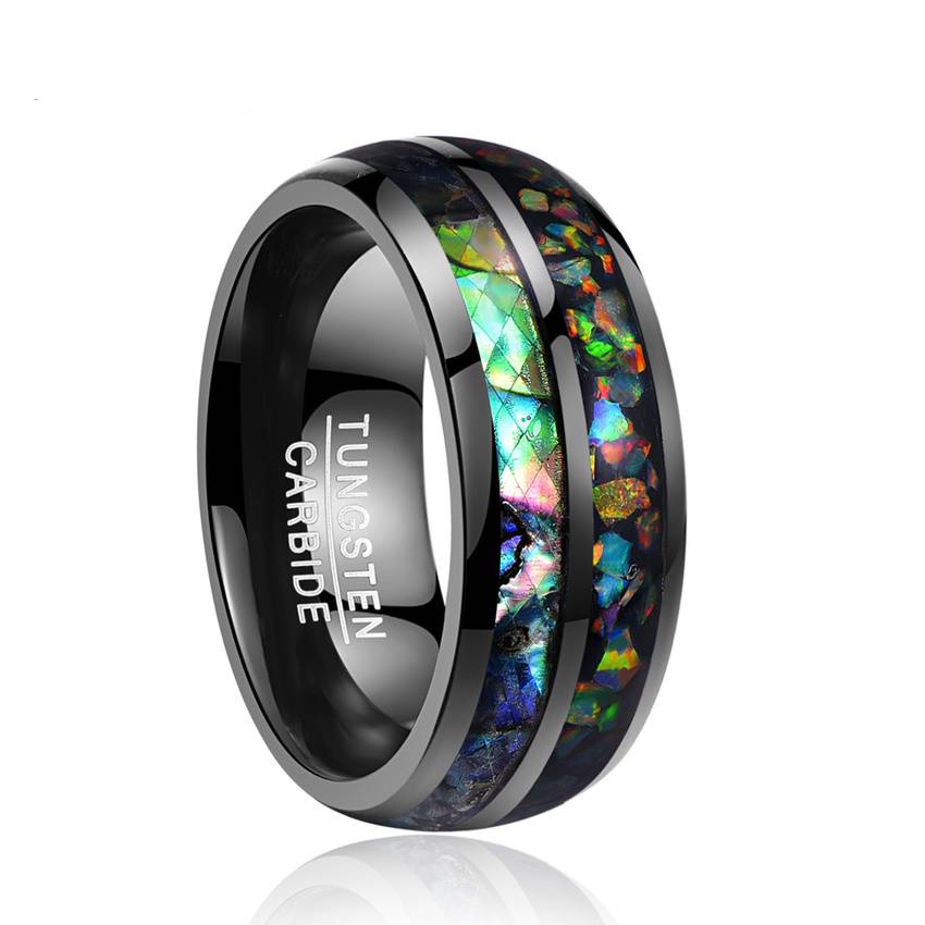 8MM Black Electroplated and Inlaid Shell Domed Tungsten Carbide Men's Ring