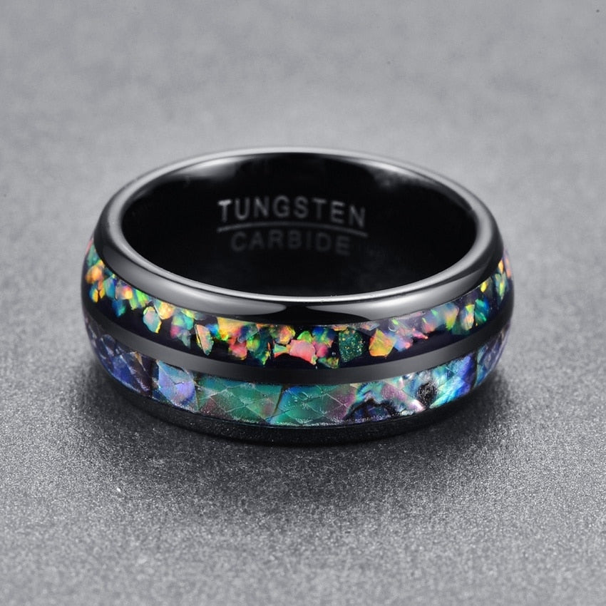 8MM Black Electroplated and Inlaid Shell Domed Tungsten Carbide Men's Ring