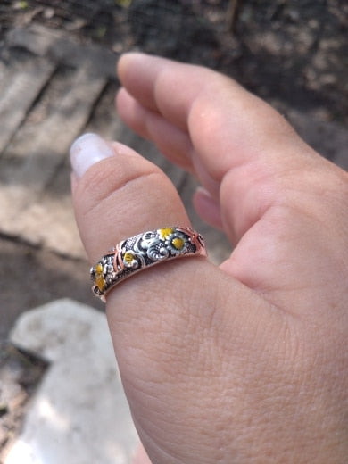 Vintage Dragonfly and Sunflower Men's Ring