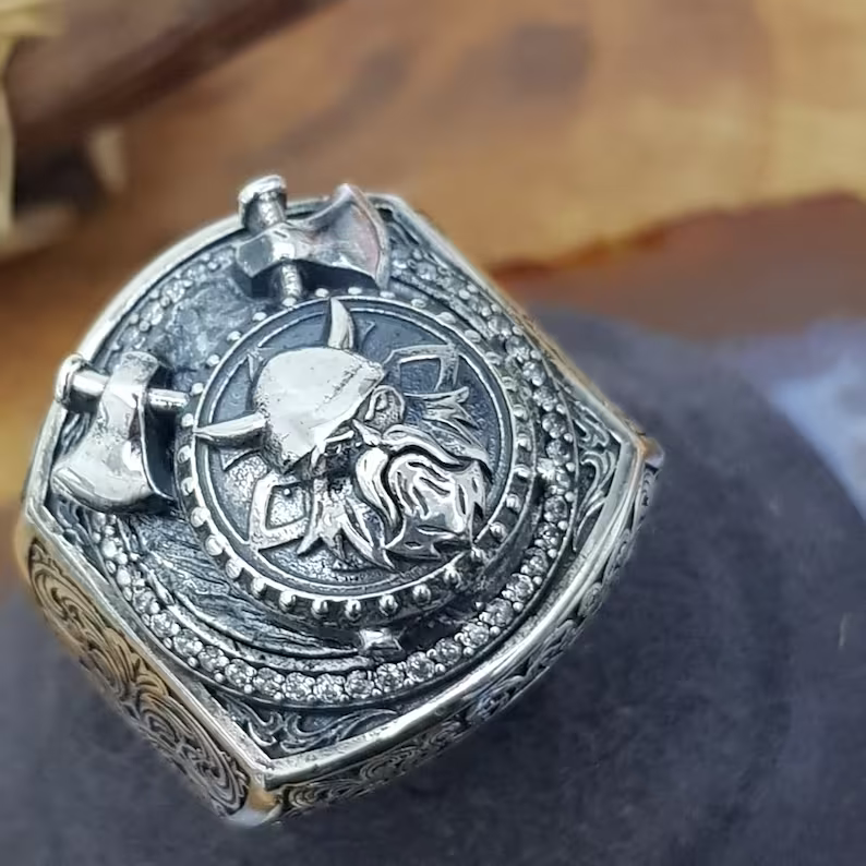 Viking 925 Sterling Silver Thor Hammer Double Axe Ring