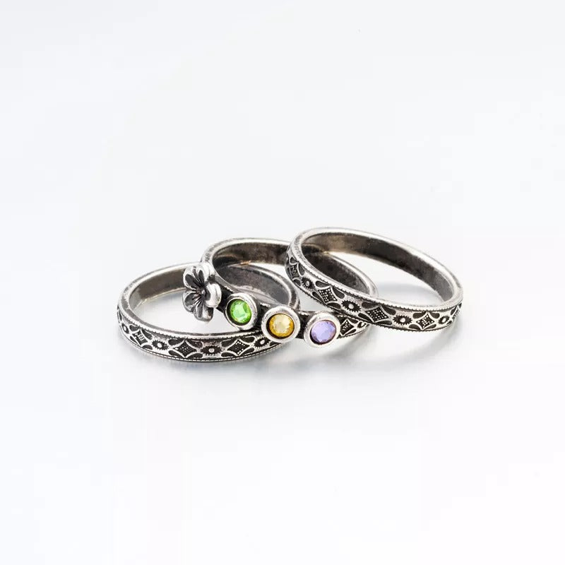 Retro Floral Birthstone Ring Set