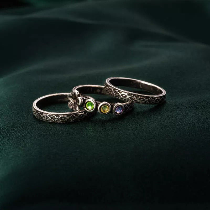 Retro Floral Birthstone Ring Set