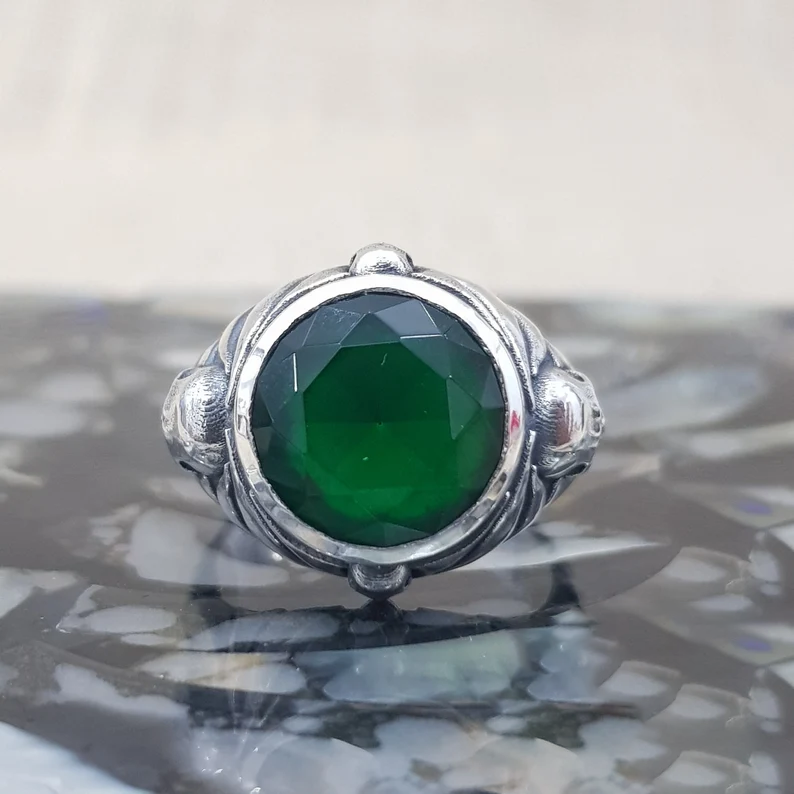 Jack Sparrow Skull Emerald Sterling Silver Ring
