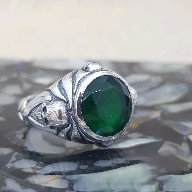 Jack Sparrow Skull Emerald Sterling Silver Ring
