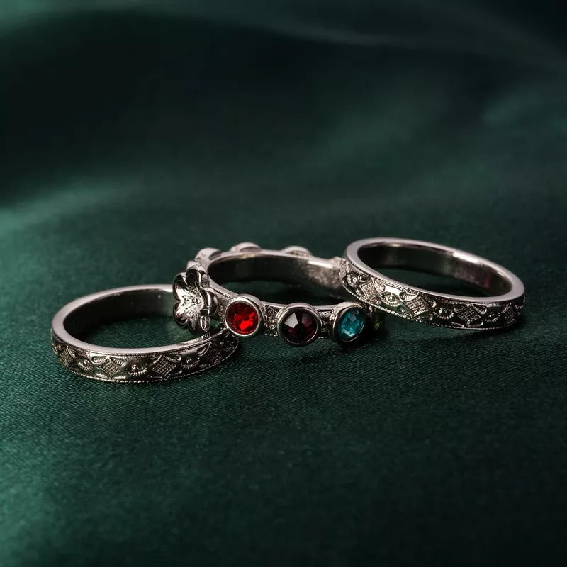 Retro Floral Birthstone Ring Set