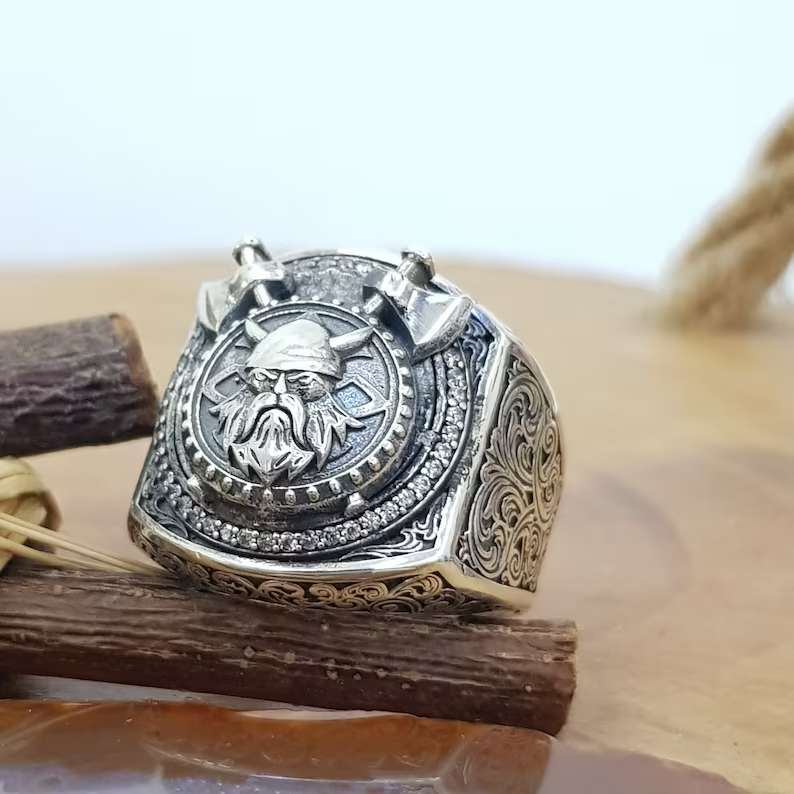 Viking 925 Sterling Silver Thor Hammer Double Axe Ring