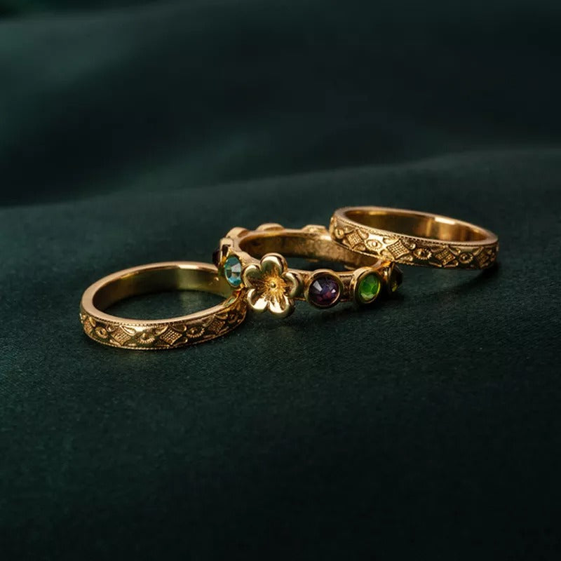 Retro Floral Birthstone Ring Set