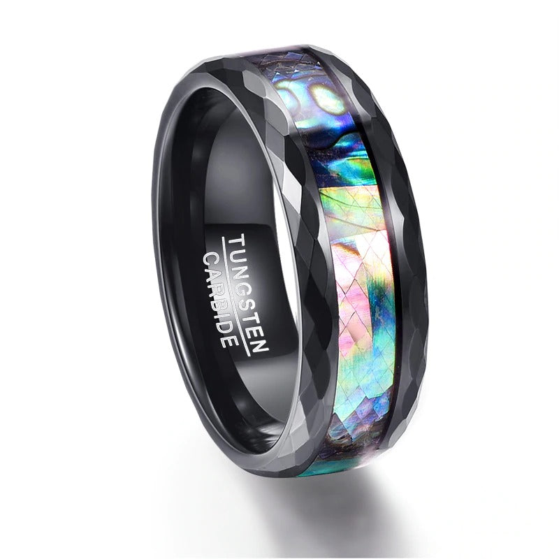 8MM Abalone Shell & Polished Black Faceted Tungsten Carbide Men's Ring