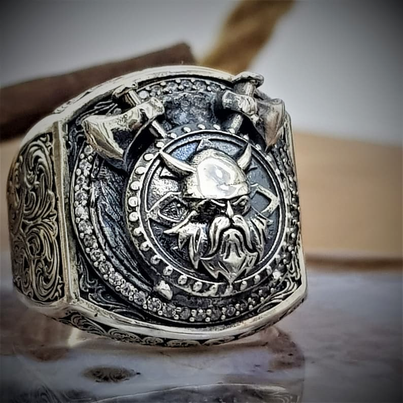Viking 925 Sterling Silver Thor Hammer Double Axe Ring