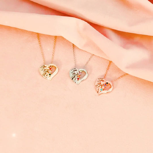 Personalized Name & Birthstone Family Heart Necklace