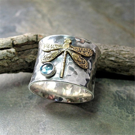 Women's Unique Retro Aquamarine Insect Ring