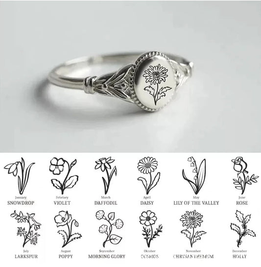 Personalized 1-3 Birth Month Flowers Ring For Your Loved One