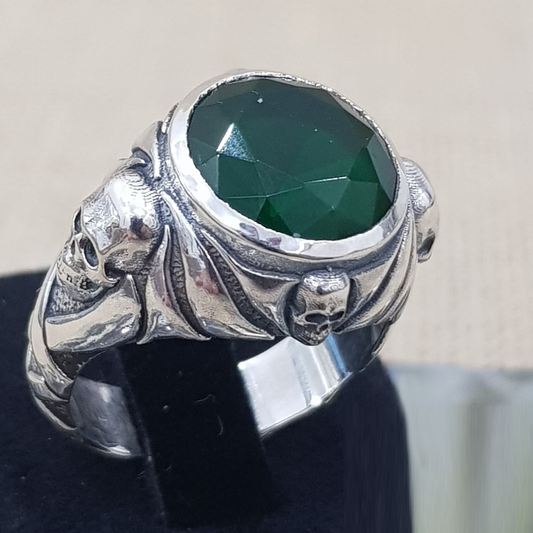 Jack Sparrow Skull Emerald Sterling Silver Ring