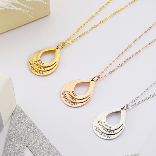 Mother's Day Gift Engraved Drop Shaped Family Necklace
