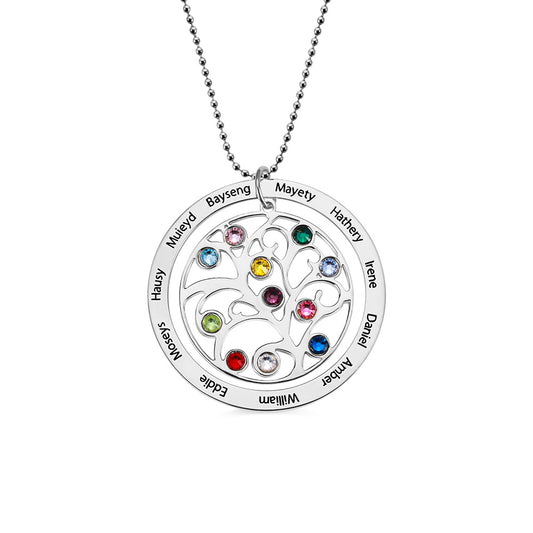 Personalized Family Tree Birthstone Silver Necklace