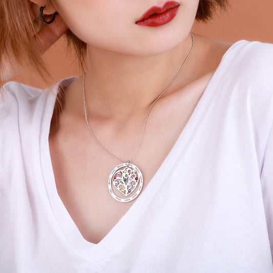 Personalized Family Tree Birthstone Silver Necklace