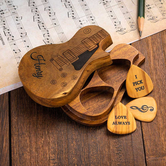 Personalized Wooden Guitar Picks Set of 3 with a Storage Case