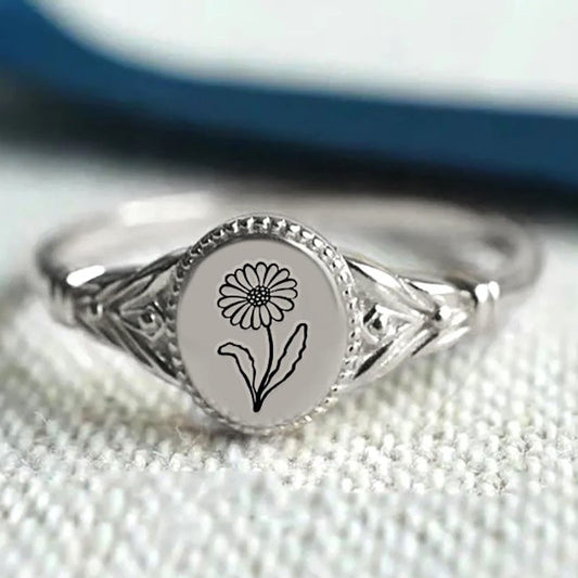 925 Sterling Silver Birth Month Flower Ring Vintage Flower Signet Ring