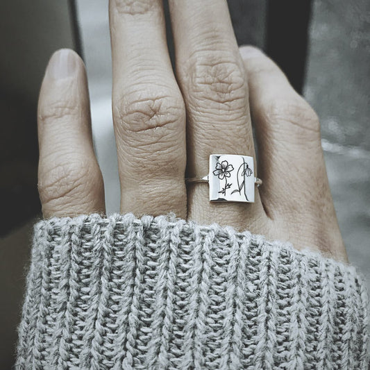 925 Sterling Silver Square Birth Month Flower Ring Personalized Flower Ring