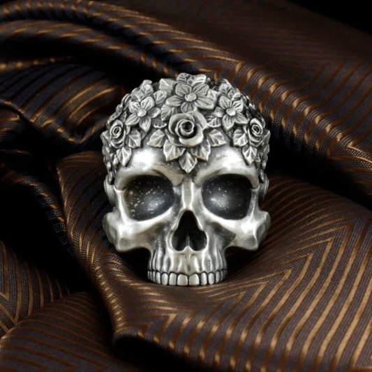 Unique 925 Silver Gothic Skull Rose Knight Ring