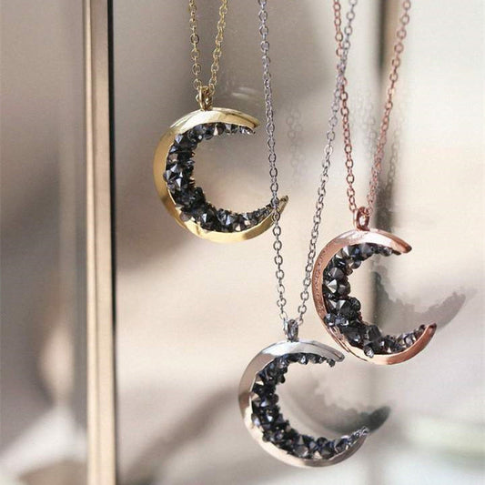 Vintage Raw Stone Crystal Celestial Moon Necklace Gothic Handmade Jewelry