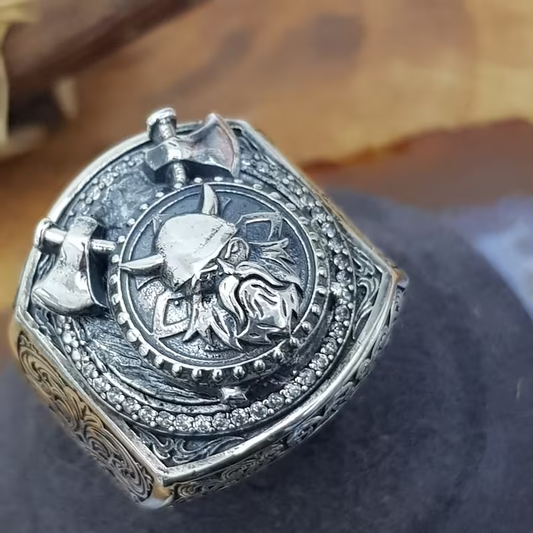 Viking 925 Sterling Silver Thor Hammer Double Axe Ring