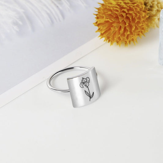 925 Sterling Silver Square Birth Month Flower Ring Personalized Flower Ring