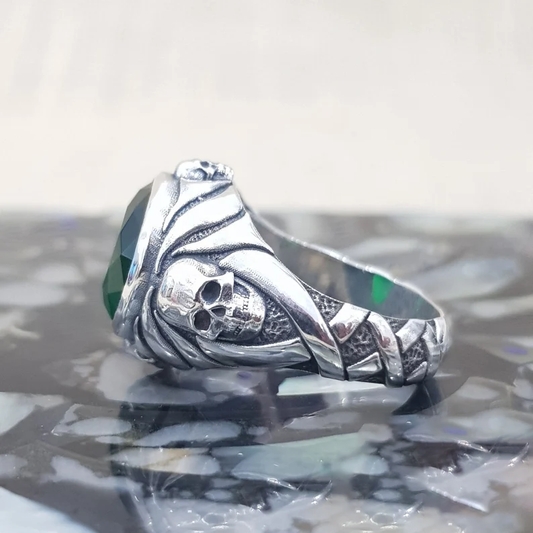 Jack Sparrow Skull Emerald Sterling Silver Ring