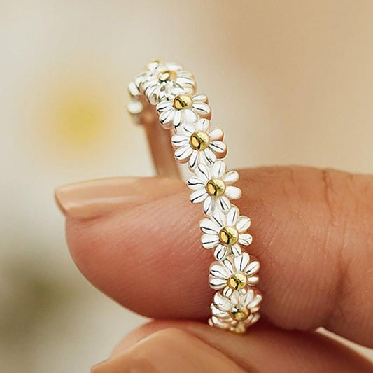 Silver and Hand Painted Enamel Adjustable Daisy Ring