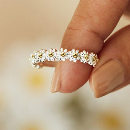 Silver and Hand Painted Enamel Adjustable Daisy Ring