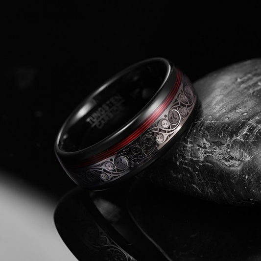 8MM Triple Spiral and Red Guitar String Tungsten Men's Ring