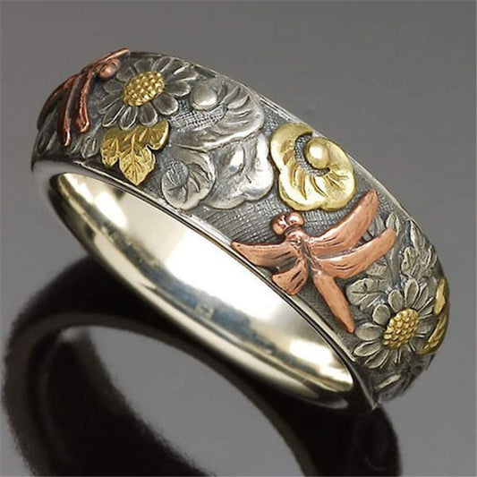 Vintage Dragonfly and Sunflower Men's Ring